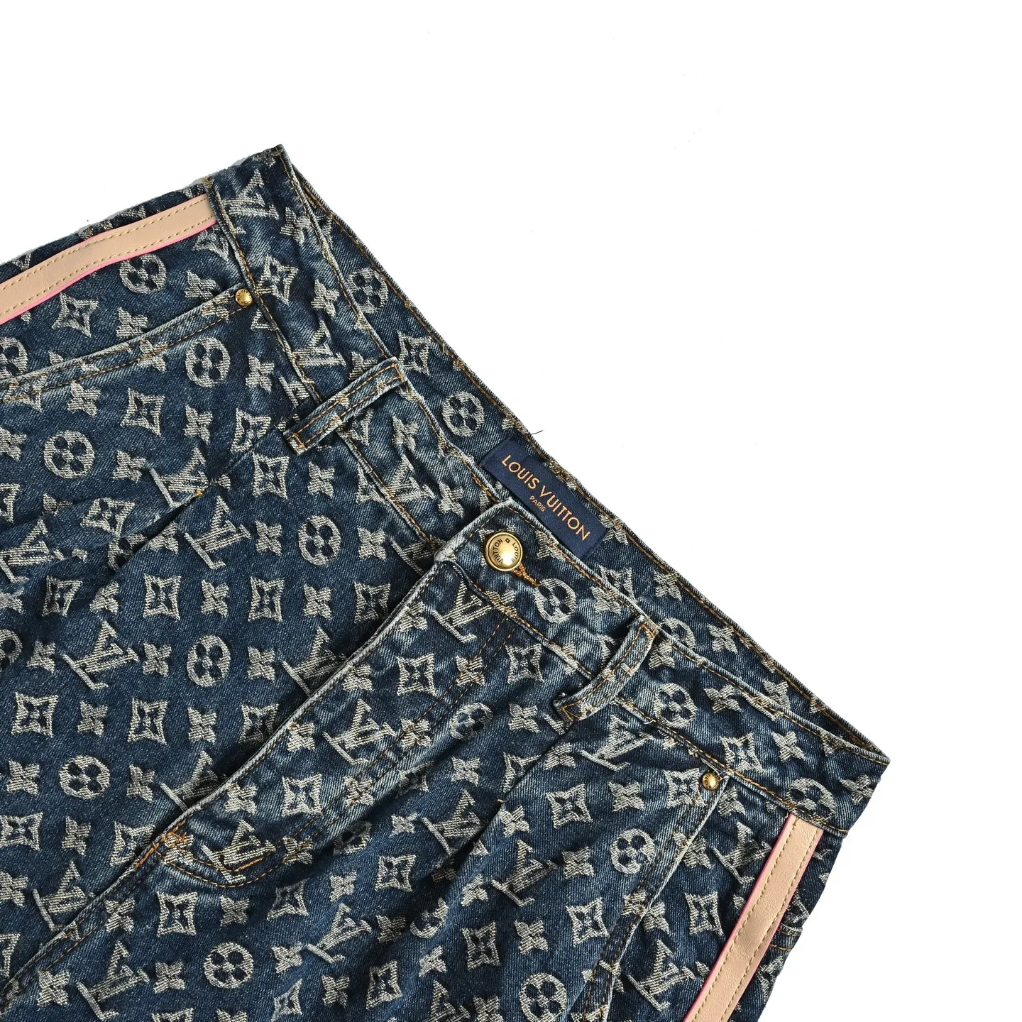 Louis Vuitton/Louis Vuitton all-over printed side leather strip washed blue jeans